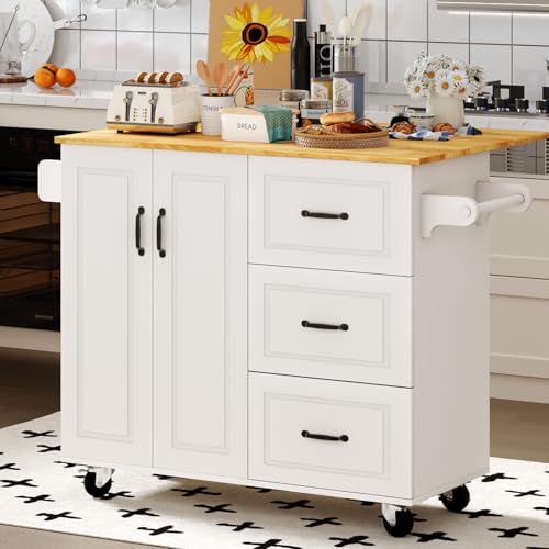 4 EVER WINNER Rolling Island with Storage and Drop Leaf, Marble Tabletop, Kitchen Carts on Wheels with Towel Rack & Spice Rack