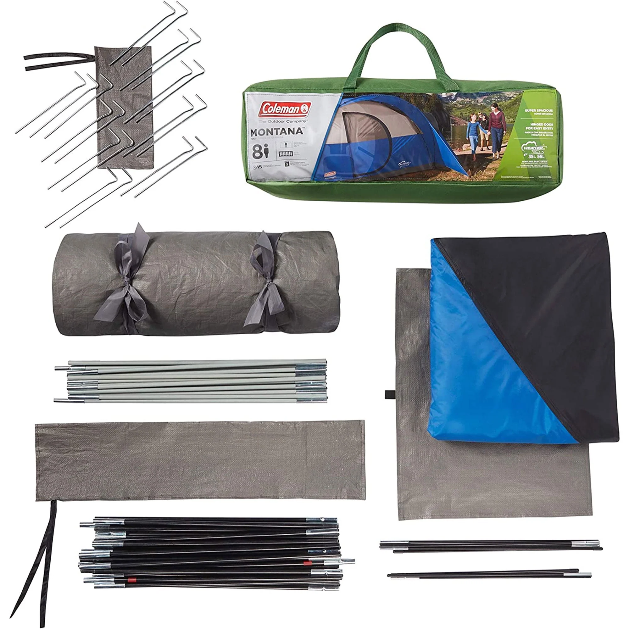 Coleman Montana Spacious 8 Person Cabin Camping Tent w/ Hinged Door, Blue