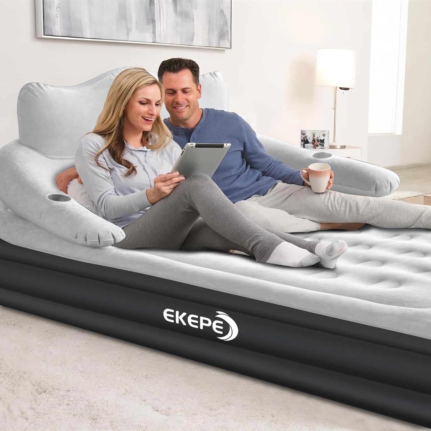 YINCHEN Inflatable Queen Air Mattress with Headboard, 18 Inch Blow Up Air Mattress with Built-in Wireless Pump
