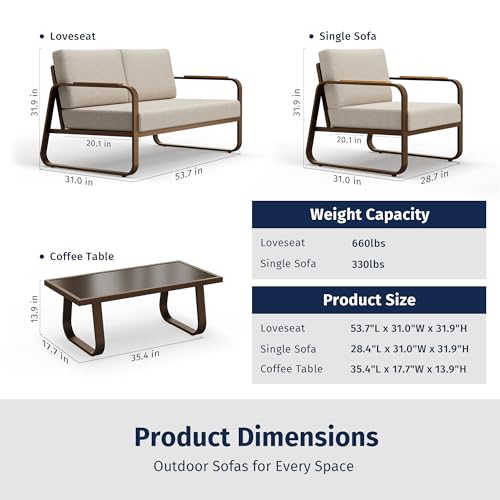 EAST OAK Courtyard Patio Furniture Set, 4-Piece Outdoor Patio Set with Sofa, Removable & Washable Deep Seating Cushion, Tempered Glass Table