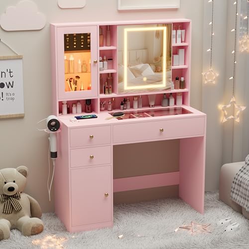 Makeup Vanity Desk with Mirror and Lights, White Vanity with Glass Top, LED Lights & Power Outlet, 3 Drawers & 2 RGB Glass Cabinets