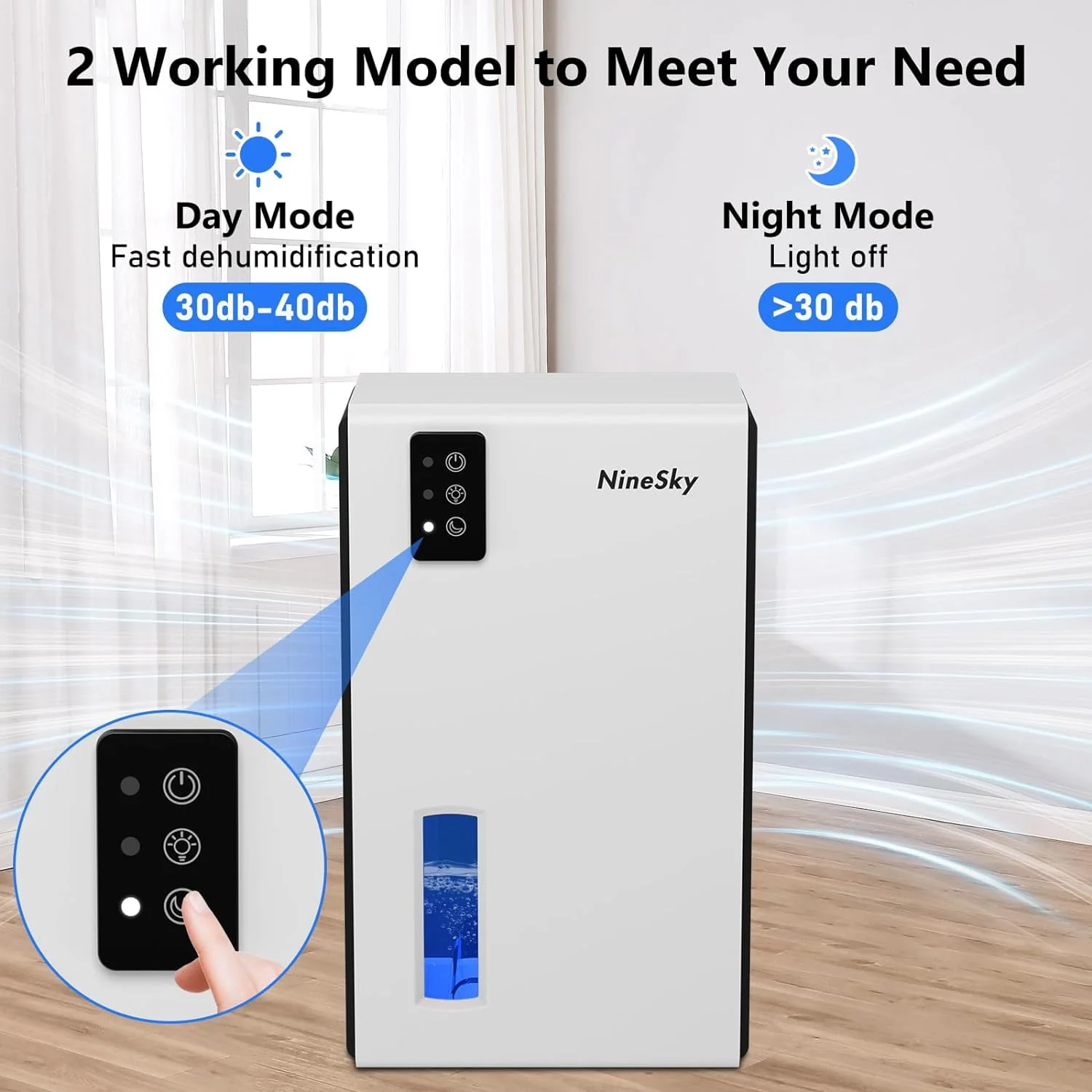 NineSky Dehumidifier for Home, 85 OZ Water Tank, (800 sq.ft) Dehumidifiers for Bathroom Bedroom with Auto Shut Off,7 Colors LED Light(White)