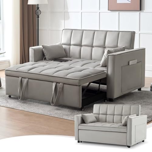 Modern 3 in 1 Convertible Sleeper Sofa Couch Bed with USB, Adjustable Backrest Velvet Pull Out Sofa Bed, Loveseat Sleeper Couch