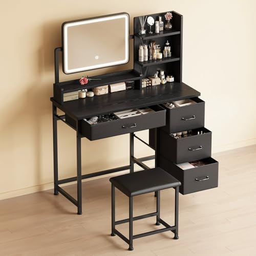 Makeup Vanity Desk with Mirror and Lights, Small Vanity with Fabric Storage Drawer & Chair & Shelves, White Compact Makeup Vanity Set for Bedroom
