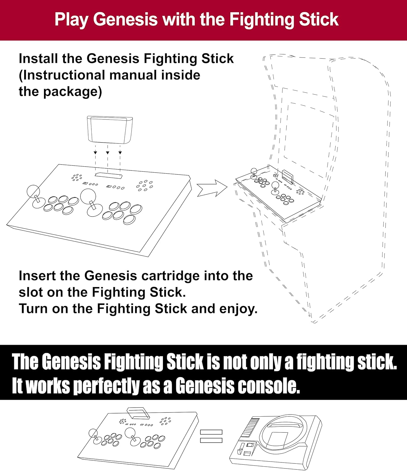 Intec Gaming Genesis Fighting Stick for Arcade1Up Cabinet, Play SEGA Genesis on Cabinet, Plug Cartridge and Play, Work as a Genesis Console