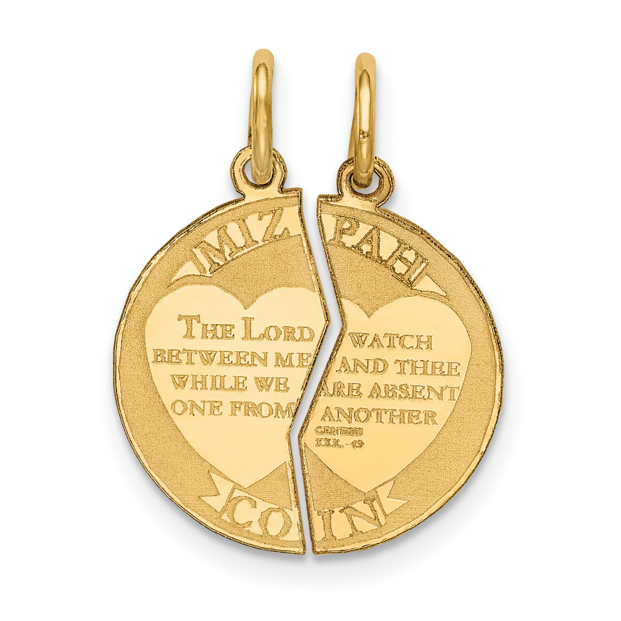 14k Yellow Gold 2-Piece Break Apart Mizpah Coin Emotional Bond Words Genesis 31:49 on Round Pendant 22 mm x 17 mm