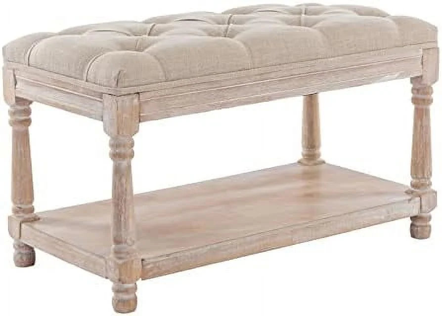 Entryway Bench Tufted Shoe Rack Bench Black Wood Window Bench for Hallway Entrance Bedroom Corner  Beige
