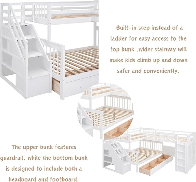 L-Shape Triple Bunk Beds with Stairs and Desk, Wood Twin-Over-Full Bunk Bed with Storage Wardrobe, Shelves and Drawers