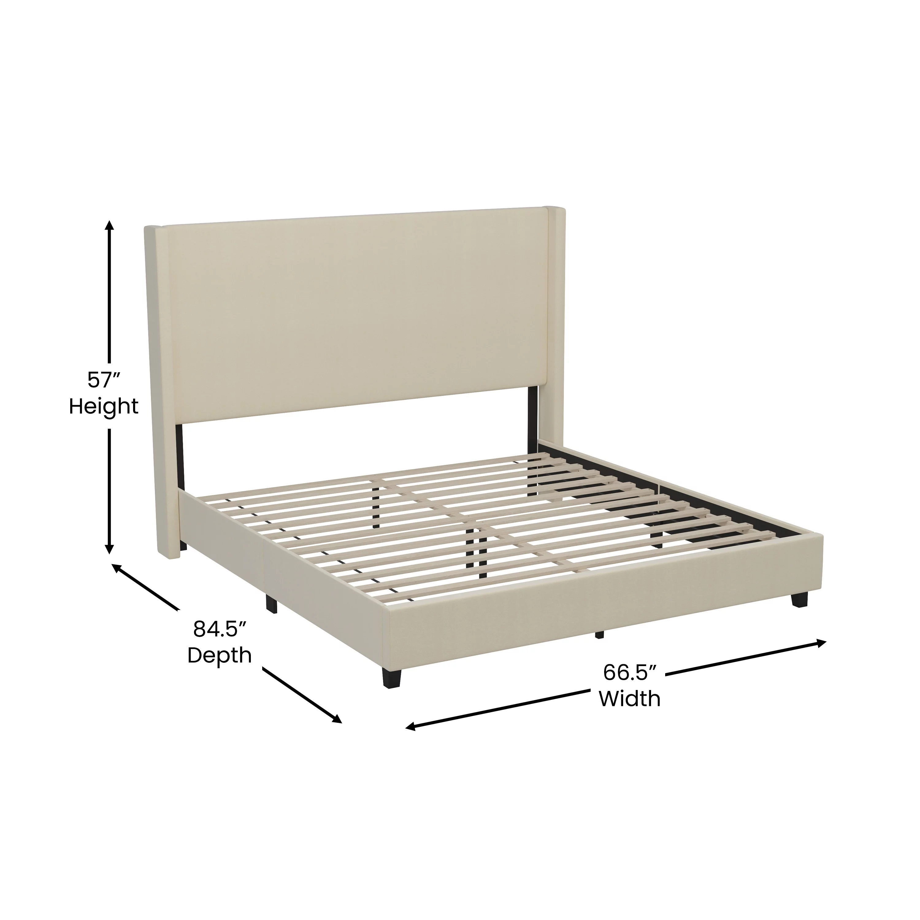 Merrick Lane Modern Queen Size Platform Bed Frame with Padded Faux Linen Upholstered Wingback Headboard and Wood Support Slats in Beige