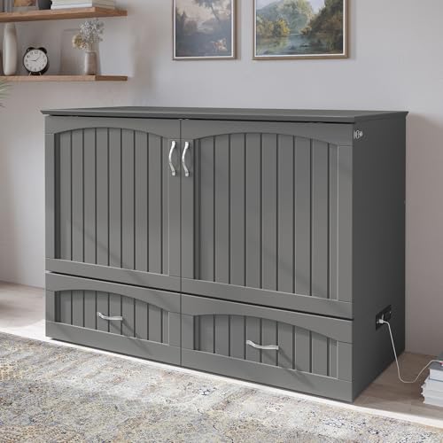 AFI Southampton Queen Murphy Bed Chest with Mattress, Storage, and Built-in Charger in Grey