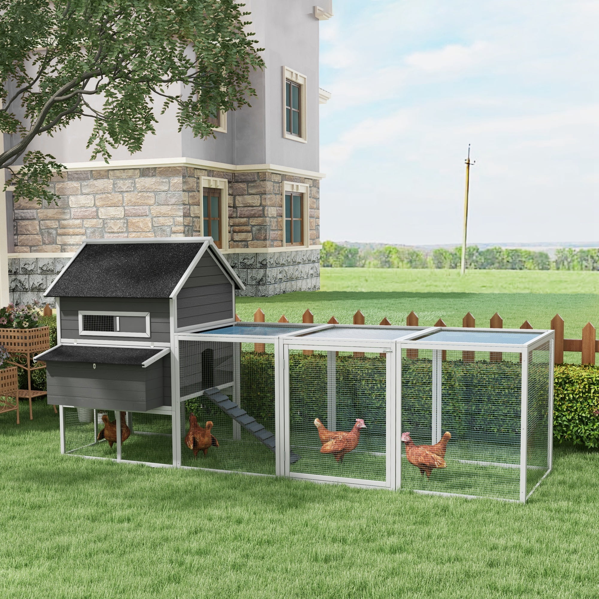 PawHut 137" Wooden Chicken Coop for 8-10 Chickens, Backyard, Gray - Curated Treasures Market