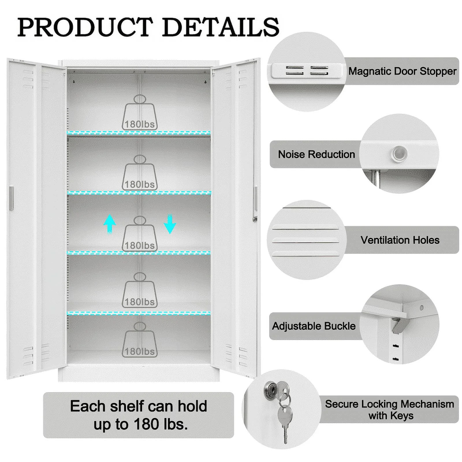 Lockable Storage Cabinet with Adjustable Shelves, 72" Metal Storage Cabinets for Garage, Office, Home, Pantry, Classroom（White）