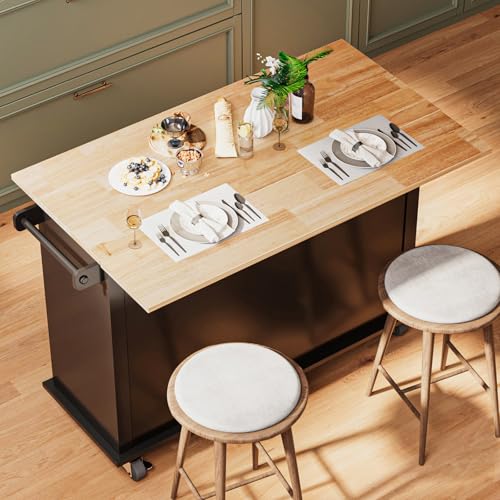 67’’ Movable Kitchen Island with Drop Leaf and Power Outlet, Lockable Sliding Countertop Rolling Island Cart with 2 Large Drawers, Spice, Towel Rack