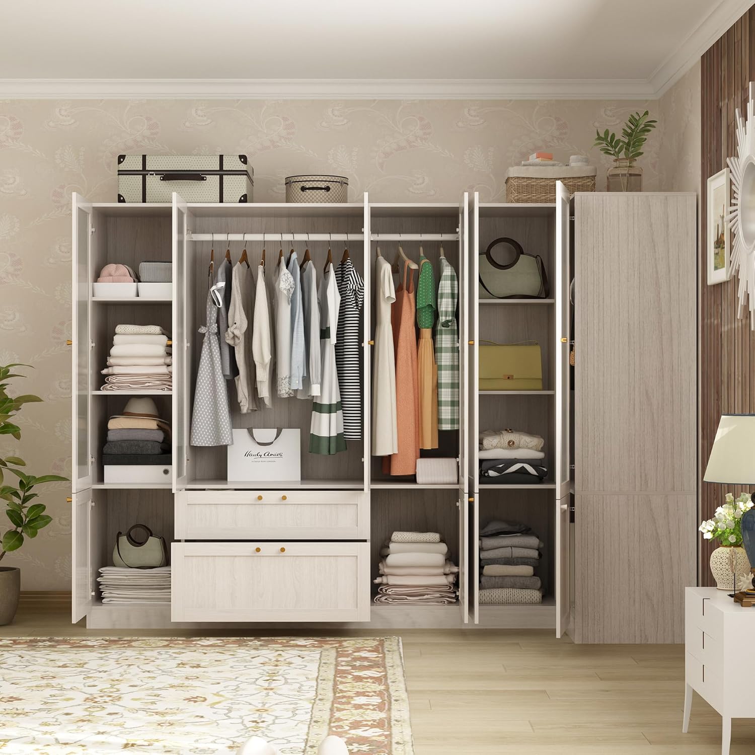 Homsee Extra Large L-Shape Armoire Wardrobe Closet with 6 Frosted Glass Doors, Hanging Bars, Shelves & Drawers