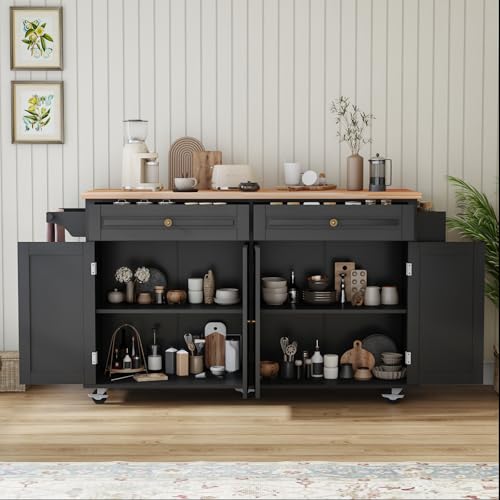 67’’ Movable Kitchen Island with Drop Leaf and Power Outlet, Lockable Sliding Countertop Rolling Island Cart with 2 Large Drawers, Spice, Towel Rack
