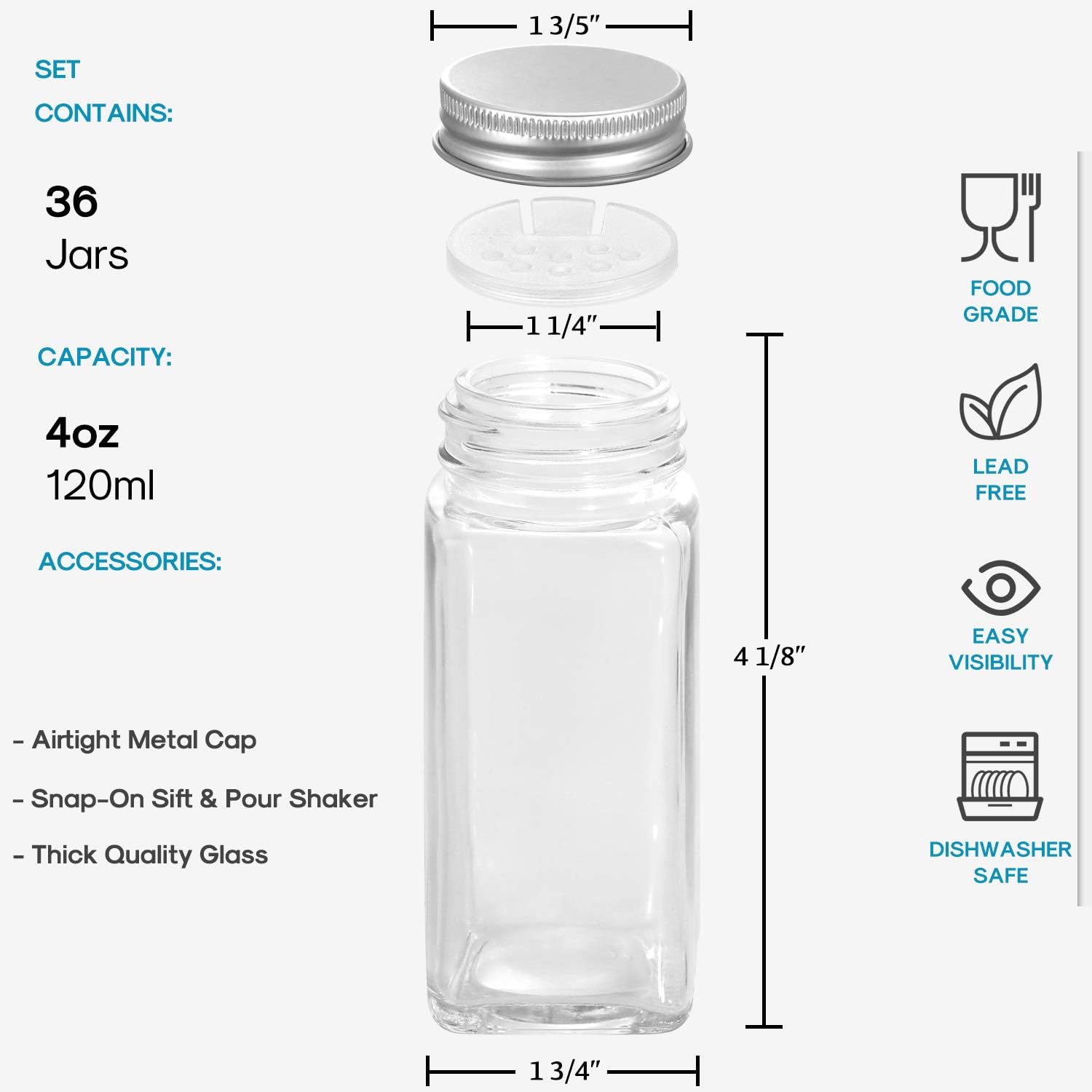 AOZITA 36 Pcs Glass Spice Jars with Spice Labels - 4oz Empty Square Spice Bottles - Shaker Lids and Airtight Metal Caps