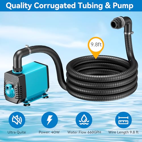 POPOSOAP 24 Inch Pond Waterfall Spillway with 1200GPH Pump, 304 Stainless Steel Waterfall Kit with 9.8FT Corrugated Tube