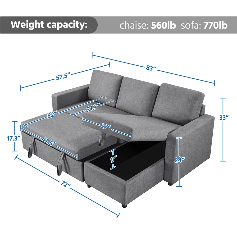 Alden Design Reversible Sectional Sleeper Sofa with USB & Type-C Ports, Light Gray