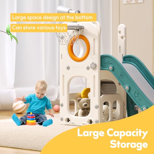 6 in 1 Toddler Playset with Slide, Kids Slide with Basketball Hoop, Ball, Ring Toss, Indoor Outdoor Toys (White Grey)