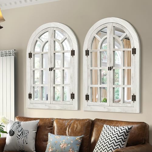 Arched Wall Mirror -Window Mirrors for Wall Decor Wood Frame Farmhouse Decor Like Window for Bedroom, Living Room, Entrance, Dining Room
