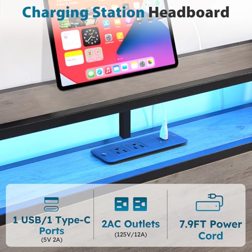 Full Size Bed Frame with Headboard, LED Platform Bed with 4 Storage Drawers, Built in Charging Station, Noise-Free, Metal Support Base