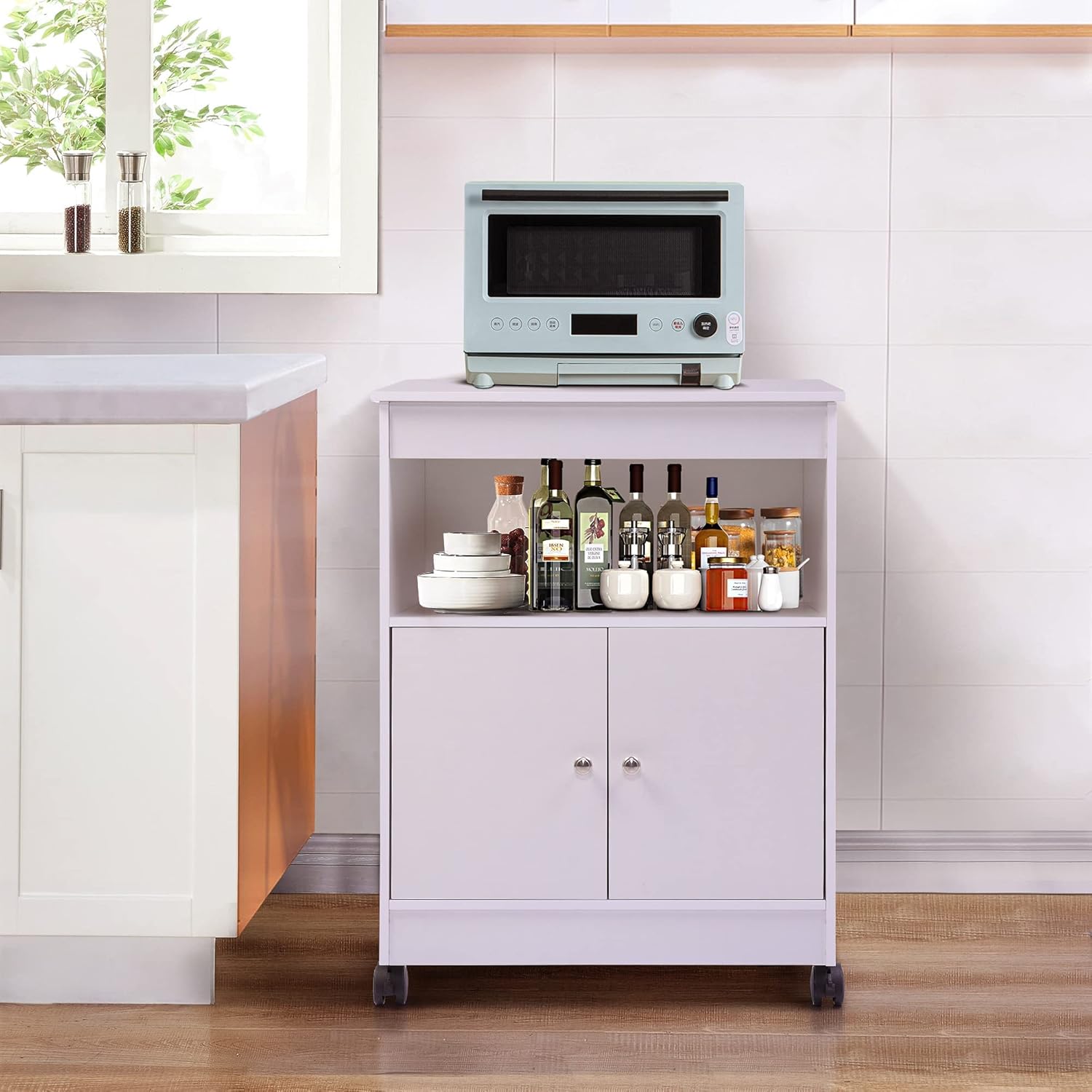Microwave Cabinet Cart,Microwave Stand Kitchen Cart with Storage, Double Door Cabinet, Open Storage,Top Shelf,White