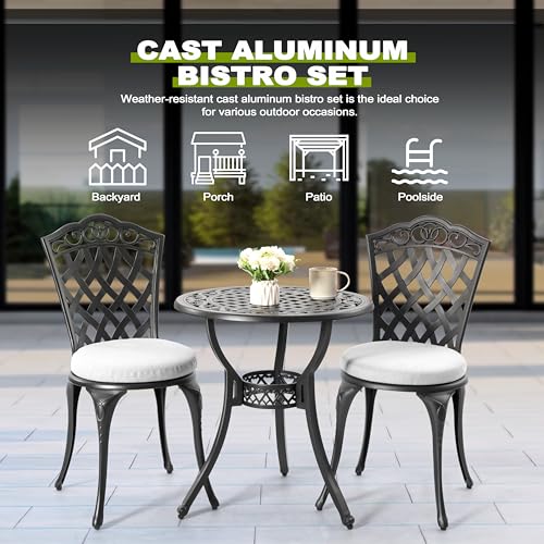 NUU GARDEN 3 Piece Bistro Set Outdoor, All Weather Cast Aluminum Patio Bistro Sets Patio Table and Chairs Set of 2 with Umbrella Hole for Yard
