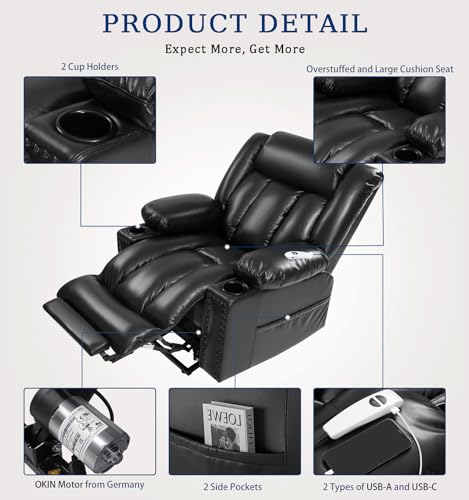 Large Power Lift Chairs Recliners for Elderly with Heated and Massage, Overstuffed Adjustable Lift Chairs, 3 Positions, Breathable Leather