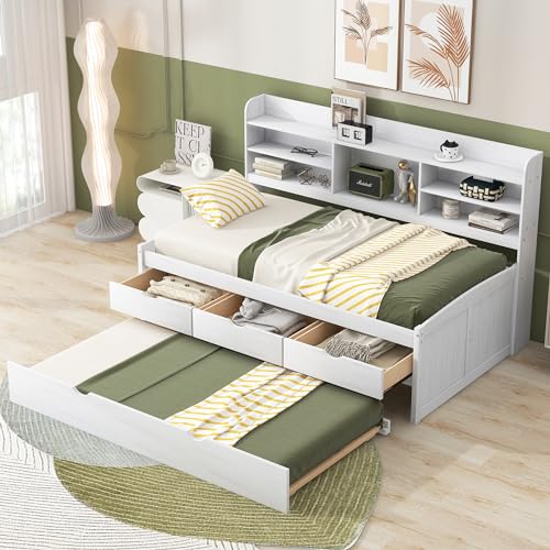 Twin Size Daybed with 4 Storage Drawers and Shelves, Wooden Twin Platform Bed Frame with L-Shaped Headboard and Slats Support