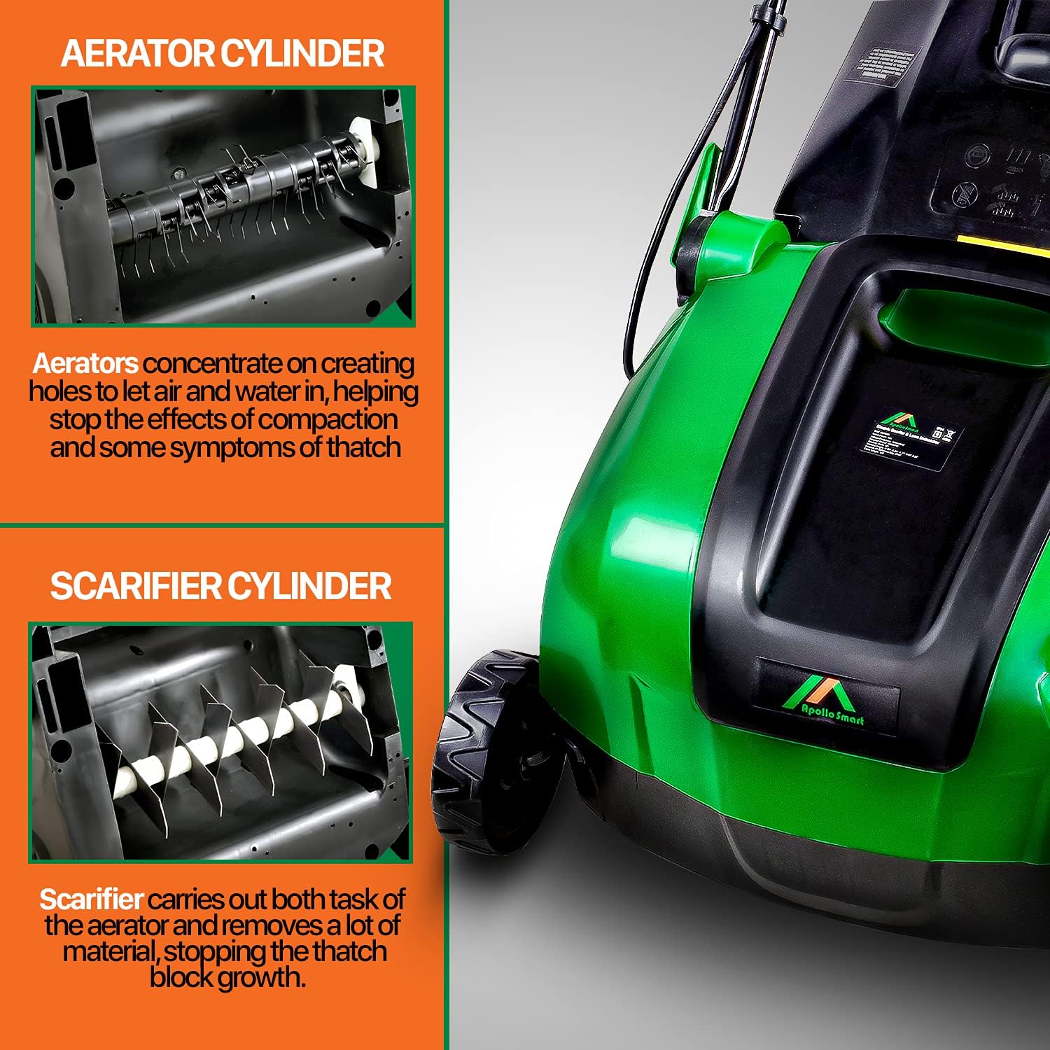 ApolloSmart 2 in 1 Walk Behind Scarifier, Lawn Dethatcher Raker Corded Electric 120V 12-Amp 15-Inch Rake Path with Collection Bag for Yard, Lawn