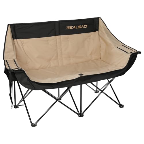 REALEAD Heated Double Camping Chair, 3 Heat Levels and 4 Heating Zones, Portable Heated Loveseat Chair for Outdoor Sports Support 650lbs