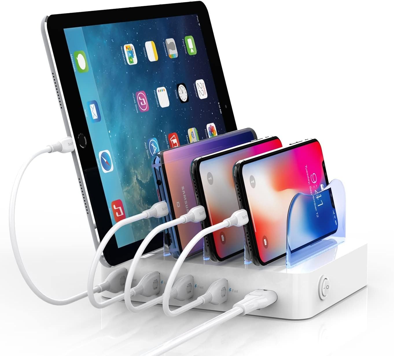 SooPii Charging Station for Multiple Devices, 4-Port Charger Station with 6 Mixed Charging Cables Included,for Phones, Tablets
