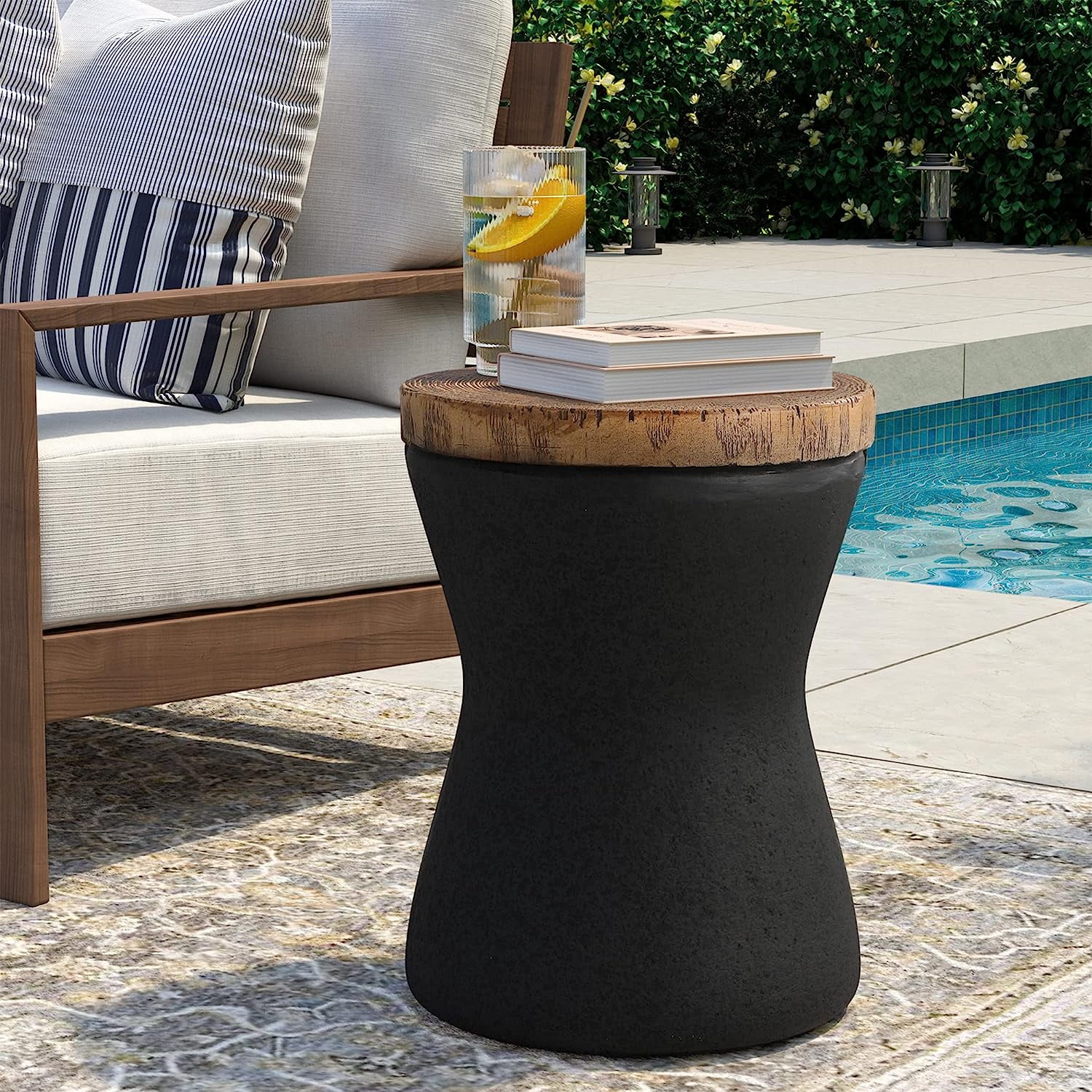 Outdoor Accent Table, 11" Hourglass Shaped Outdoor Side Table for Patio, Concrete Garden Stool End Table