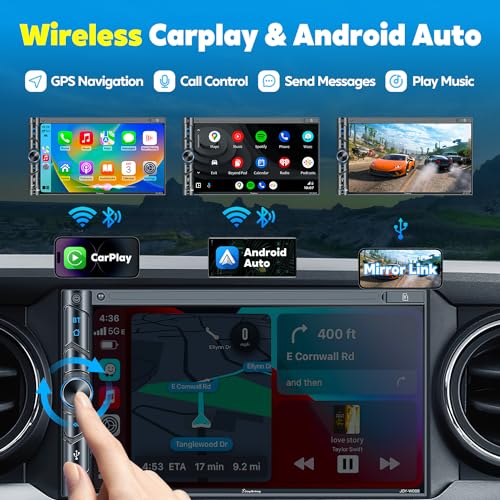 SJoyBring Upgrade Wireless Double Din Car Stereo with Apple Carplay, Android Auto, Dash Cam, Bluetooth, 4-Channel RCA, 2 Subwoofer Ports