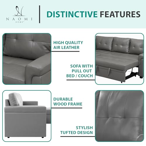 Naomi Home Jenny Sectional Sofa Sleeper with Storage Chaise, Tufted Pull Out Couch with Storage, L-Shaped Reversible Sleeper Sofa with Storage, Black