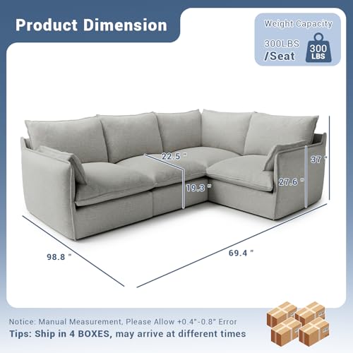 Cloud Modular Sectional Sofa, Waterproof Down Filled Sectional Sofas, High Backrest V Shaped 5 Seater Sectional Couches for Living Room