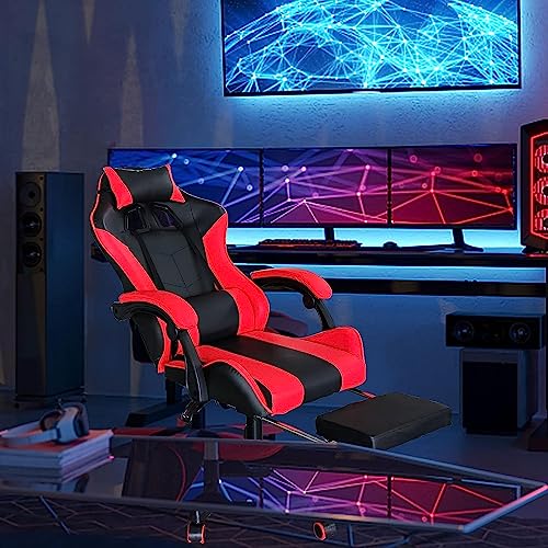 Gaming Chair, Ergonomic Computer Chair with Lumbar Support, Office Chair with Footrest, Swivel Chair Adjustable with Headrest, Red