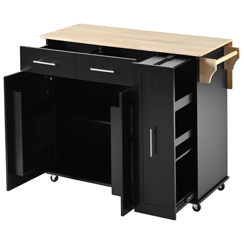Farmhouse Kitchen Island with Power Outlet, Drop Leaf, Spice Rack and Drawer,Rolling Kitchen Cart on Wheels