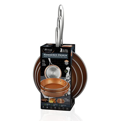 GOTHAM STEEL Hammered Copper Nonstick Frying Pan Set with Glass Lid (3 Pieces)