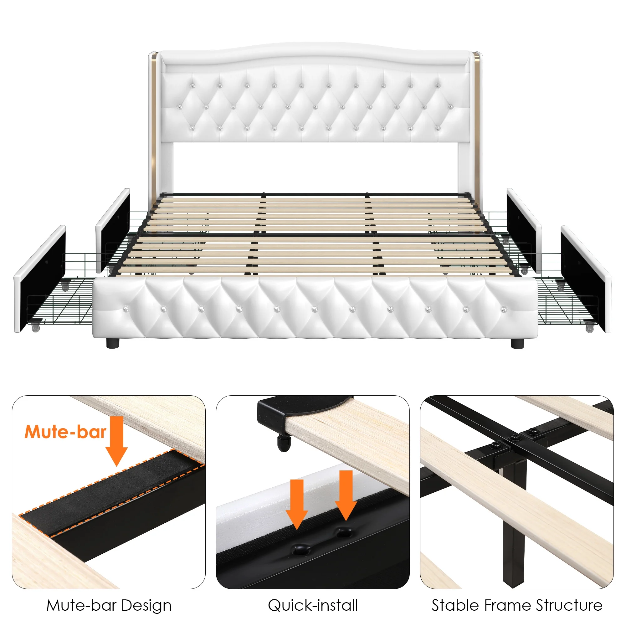 Homfa Full Size LED Bed Frame with 4 Storage Drawers, PU Leather Upholstered Platform Bed with Crystal Buttons Headboard, White