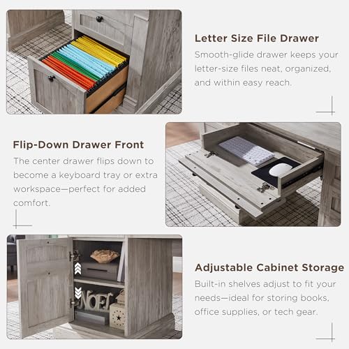 OKD 60" Executive Desk with Drawers, Farmhouse Home Office Desk with Charging Station, Keyboard Tray, File Cabinet Storage
