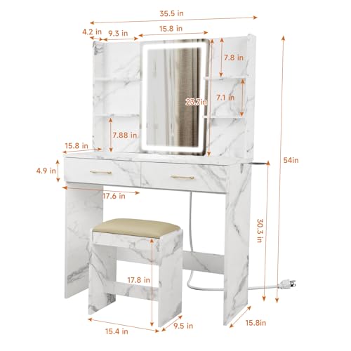 Vanity Set with Lights and Stool, Vanity Desk with Mirror and Lights，Vanity Power Outlet,Vanity Desk with Drawers