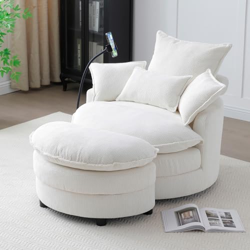 Swivel Barrel Accent Sofa Chair with Phone Holder & Storage Ottoman