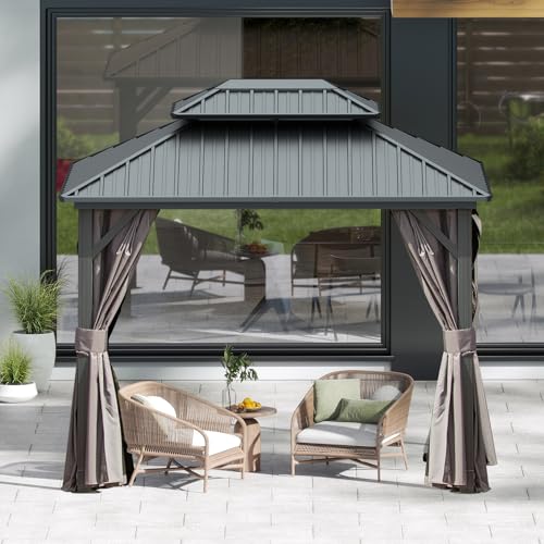 Domi 10’ x 10’ Hardtop Gazebo Metal Frame Canopy with Netting & Curtains