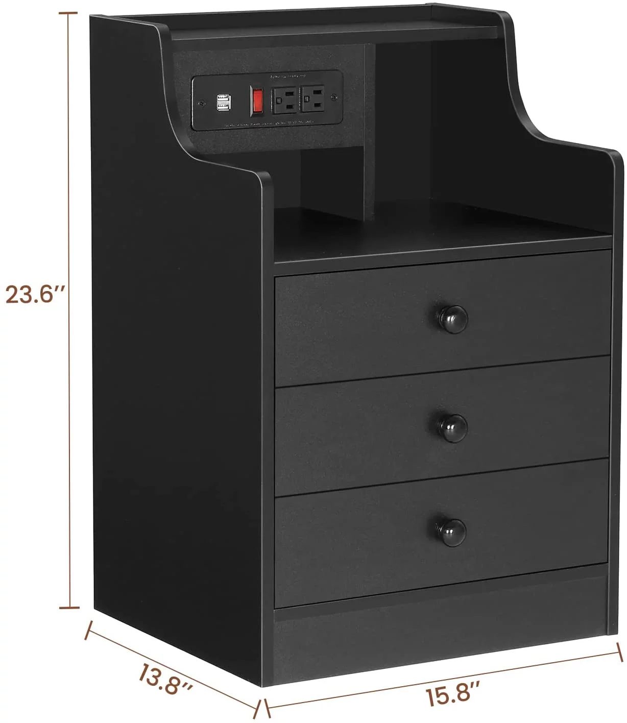Nightstand Set of 2 with Charging Station, Bedside Table with Hutch and Storage Drawers, Black