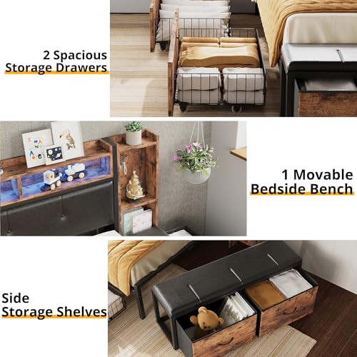 ANCTOR Corner Bed Frame, Twin Daybed with 2 Drawers & Charging Station, Platform Bed Frame Bookcase Headboard for Living Room, Bedroom and Guest Room