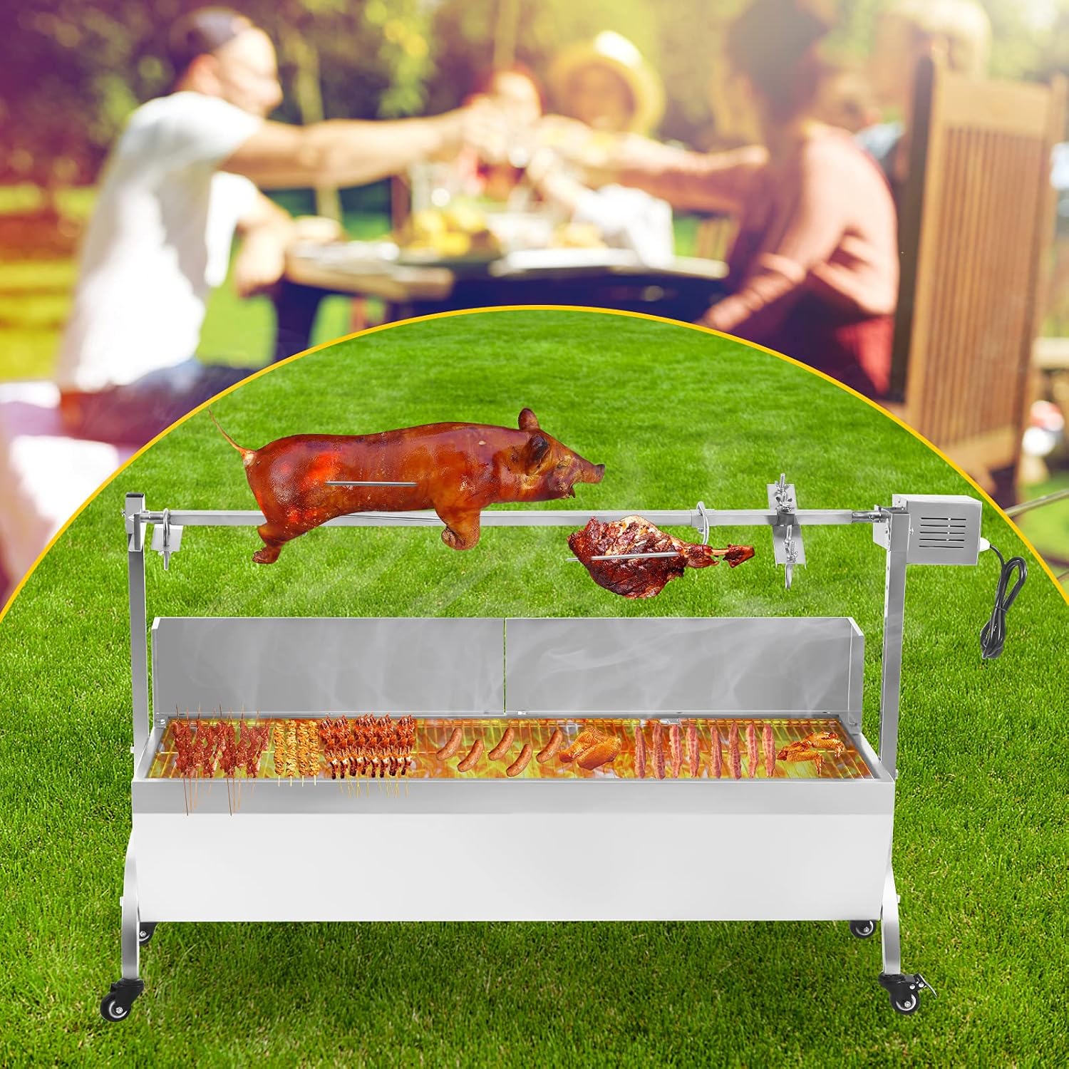 Samger Stainless Steel Rotisserie Roaster 45 Inches 20W Rotisserie Grill Portable BBQ Charcoal Grill Supporting 88LBS for Pig Chicken Lamb