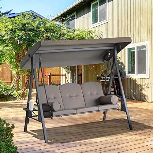Outsunny 3-Seat Patio Swing Chair, Outdoor Porch Swing Glider with Adjustable Canopy, Removable Cushion, Pillows and Side Trays, for Garden, Poolside