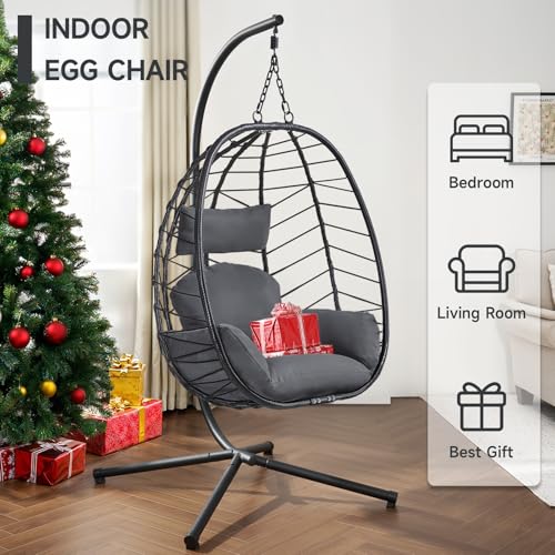 Hanging Egg Chair with Stand, Outdoor Indoor Egg Swing Chair with Cushion Headrest, Wicker Rattan Egg Chair with Dual Chains
