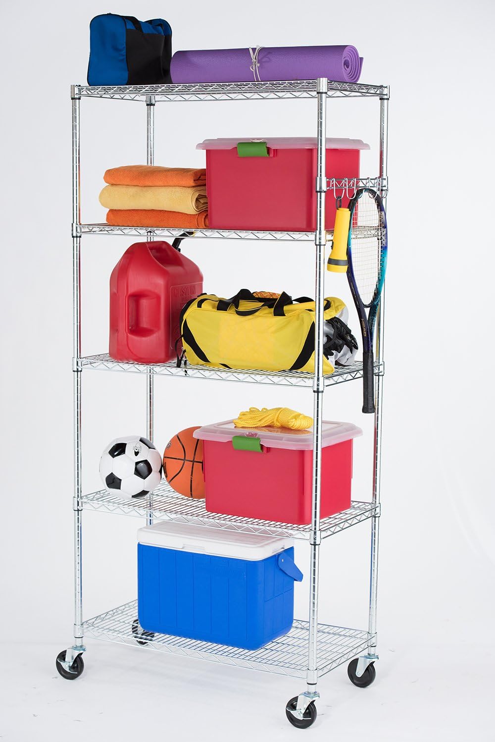 TRINITY EcoStorage Heavy Duty 5-Tier Adjustable Wire Shelving with Wheels and Storage Hooks for Kitchen Organization, Garage Storage, NSF Certified